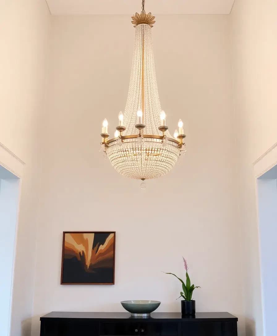 A close-up of an elegant entryway featuring a large, ornate chandelier hanging from a high ceiling. The chandelier is illuminated, casting a warm glow on a stylish console table below, which is decorated with a decorative bowl and a small potted plant, giving a luxurious feel to the space.