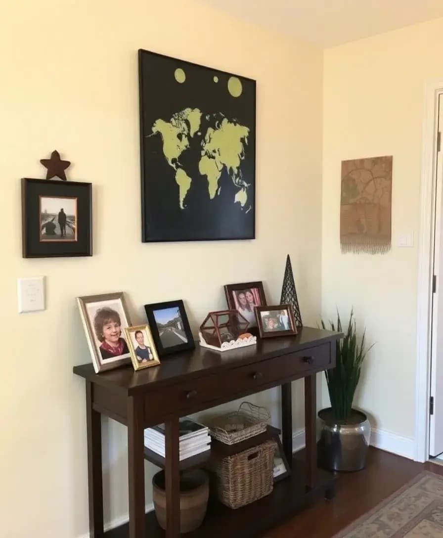 A cozy entryway adorned with personal touches, including framed family photos on a console table, a travel souvenir displayed on a shelf, and a handmade piece of art on the wall. The space feels lived-in and warm, inviting guests to connect.