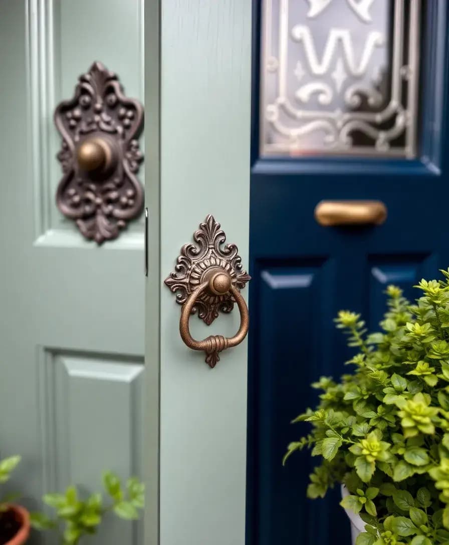 A close-up of a beautifully designed front door featuring an ornate doorknob and a decorative knocker. The door is painted in a bold color, and the surrounding area is adorned with potted plants, creating an inviting entry to the home.