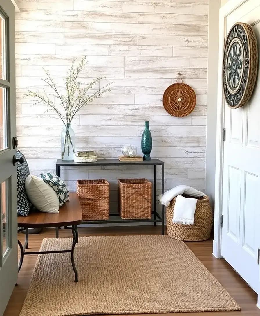 An entryway showcasing a mix of textures, including a wooden bench, a metal console table, and a plush fabric rug. Decorative elements like glass vases and woven baskets add to the layered look, creating an inviting and stylish atmosphere.