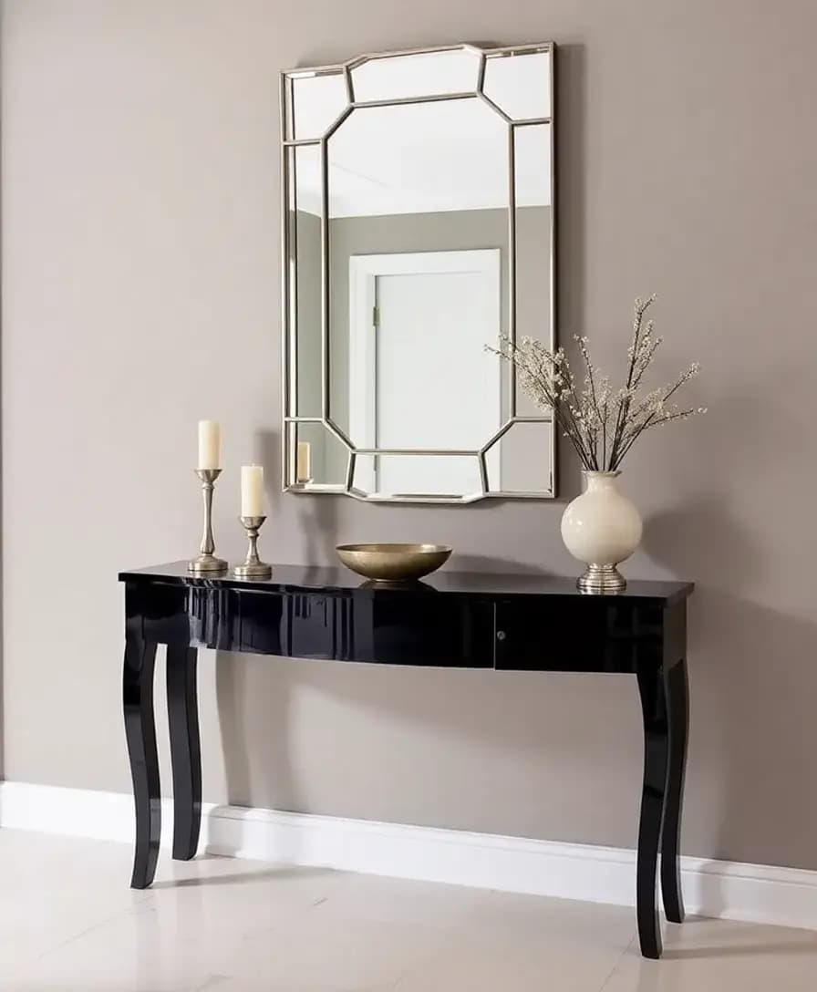 A stylish entryway featuring an elegant console table with a glossy finish. The table is decorated with a few candles, a small plant, and a decorative bowl, creating a sophisticated look. A stylish mirror hangs above, enhancing the visual appeal.