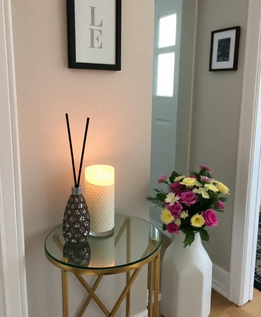 An entryway featuring a small table with a decorative candle and a diffuser, emitting a soft, inviting glow. A bouquet of fresh flowers sits nearby, adding a touch of color and a delightful fragrance to the space.