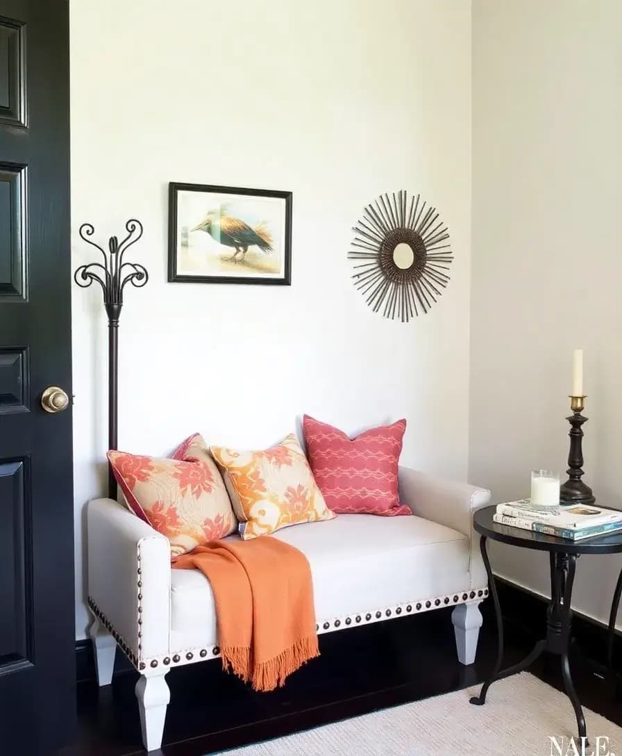 A charming entryway with a small upholstered bench against the wall, adorned with colorful cushions. A stylish throw blanket is draped over the bench. Nearby, a decorative coat rack stands, and a small side table displays a stack of books and a fragrant candle, creating a welcoming atmosphere.