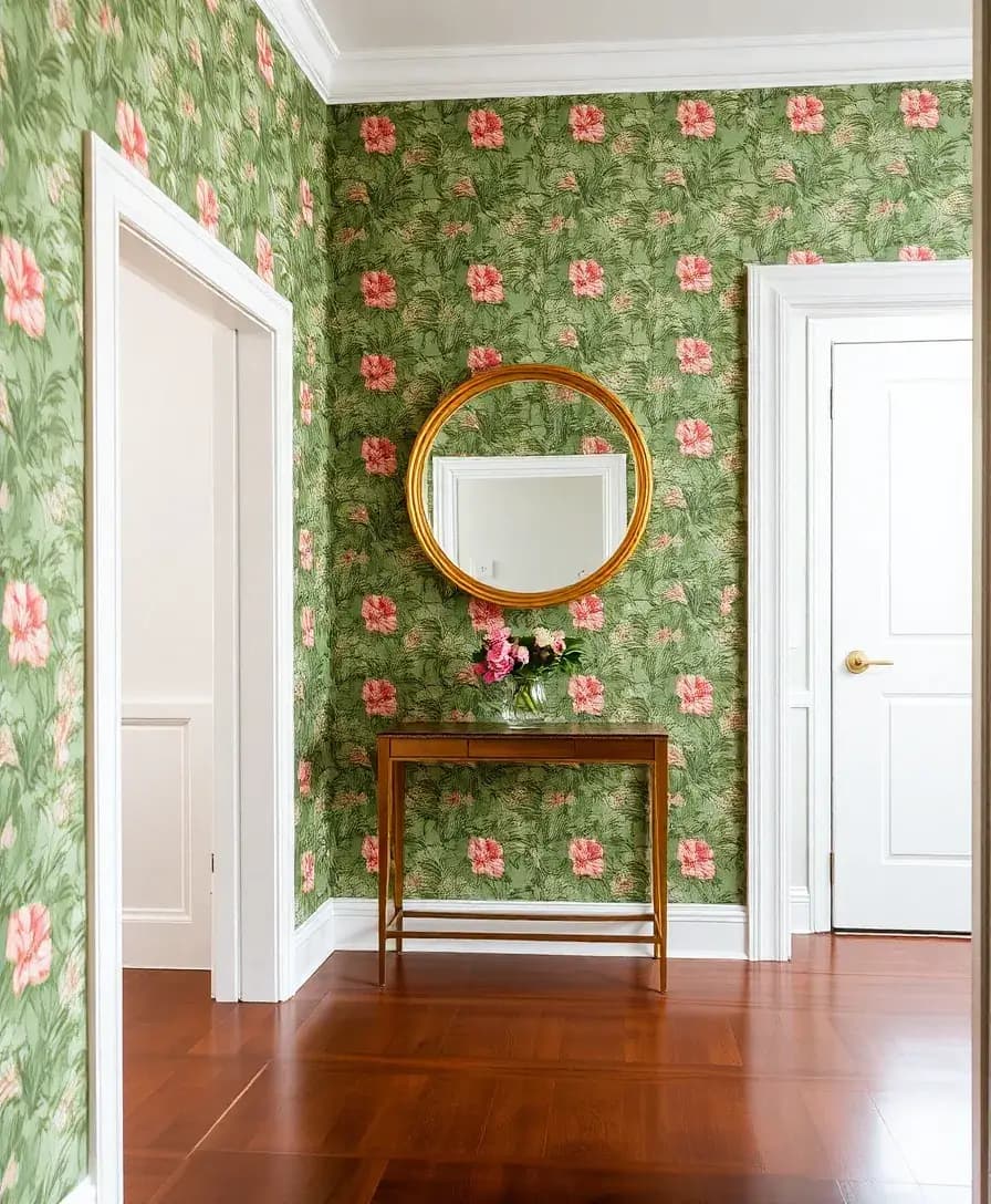 An entryway featuring vibrant, patterned wallpaper with a floral design. The wall is adorned with a round mirror framed in gold, and a minimalist console table holds a small vase of flowers. The flooring is polished wood, enhancing the overall elegance of the space.