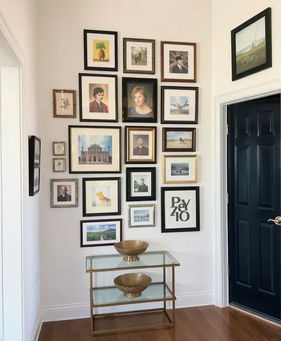 An entryway with a gallery wall featuring a variety of framed art pieces, including paintings, photographs, and prints. The frames are in different sizes and styles, creating an artistic collage. A small table with a decorative bowl sits underneath, inviting guests to admire the collection.