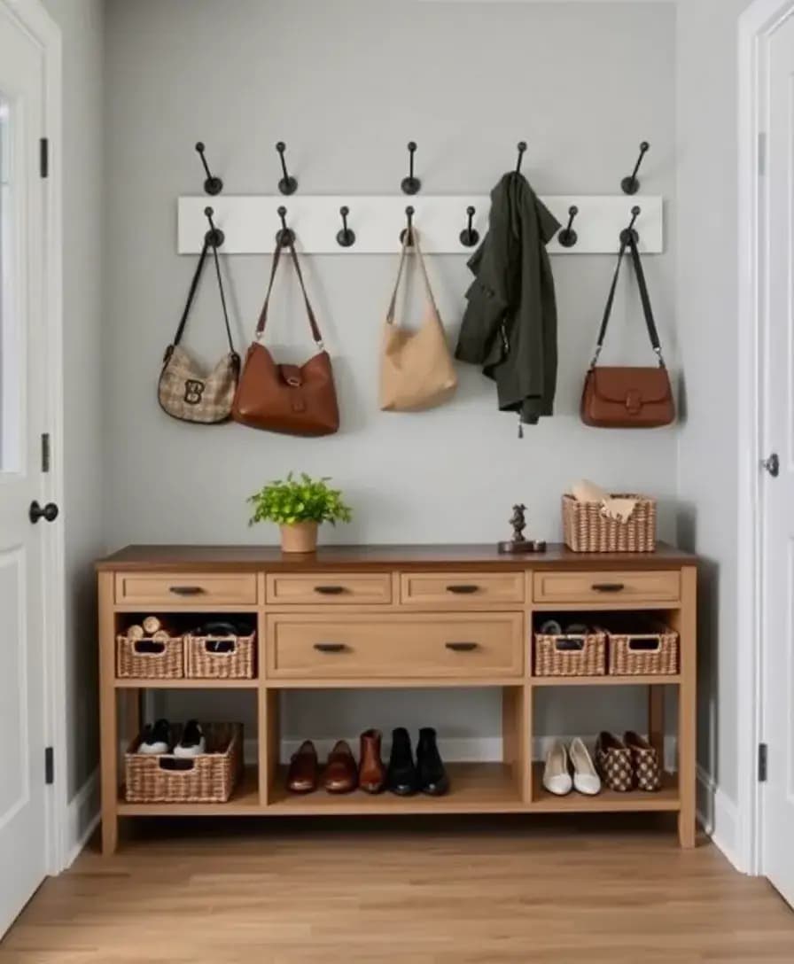 A well-designed entryway featuring a stylish console table with drawers, flanked by decorative baskets for storing shoes and accessories. The wall above the table is adorned with hooks for hanging coats and bags, creating an organized yet beautiful space.