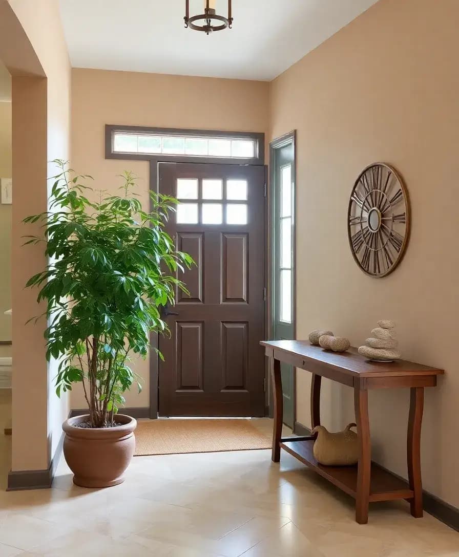 An entryway filled with natural elements, including a large potted plant next to the door, a wooden console table, and stone decorations on the table. The walls are painted in soft, earthy tones, creating a serene and inviting environment.