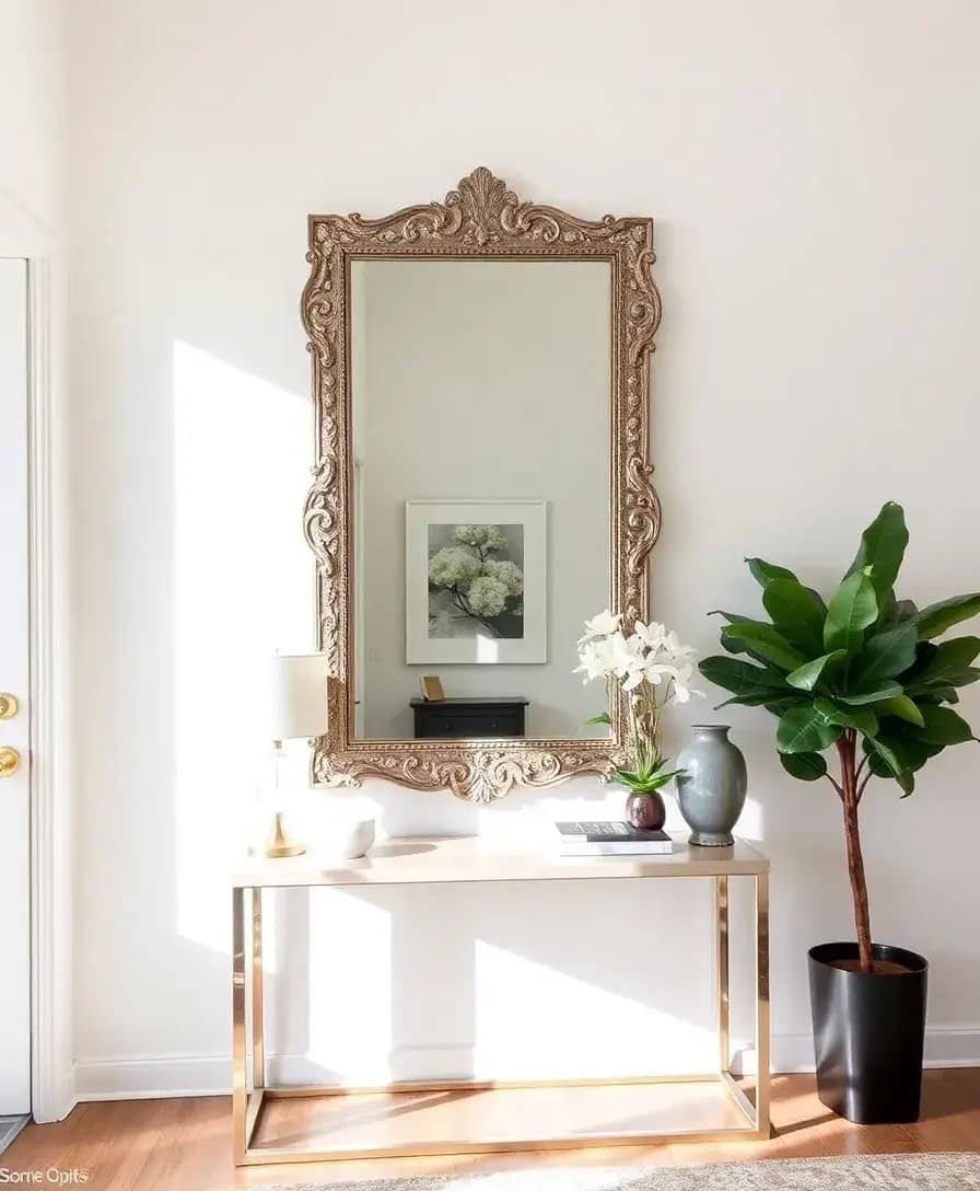 A stylish entryway featuring a large, ornate mirror above a sleek console table. The mirror reflects light from a nearby window, creating a bright and airy feel. The table is adorned with a few decorative items, including a candle and a small plant.