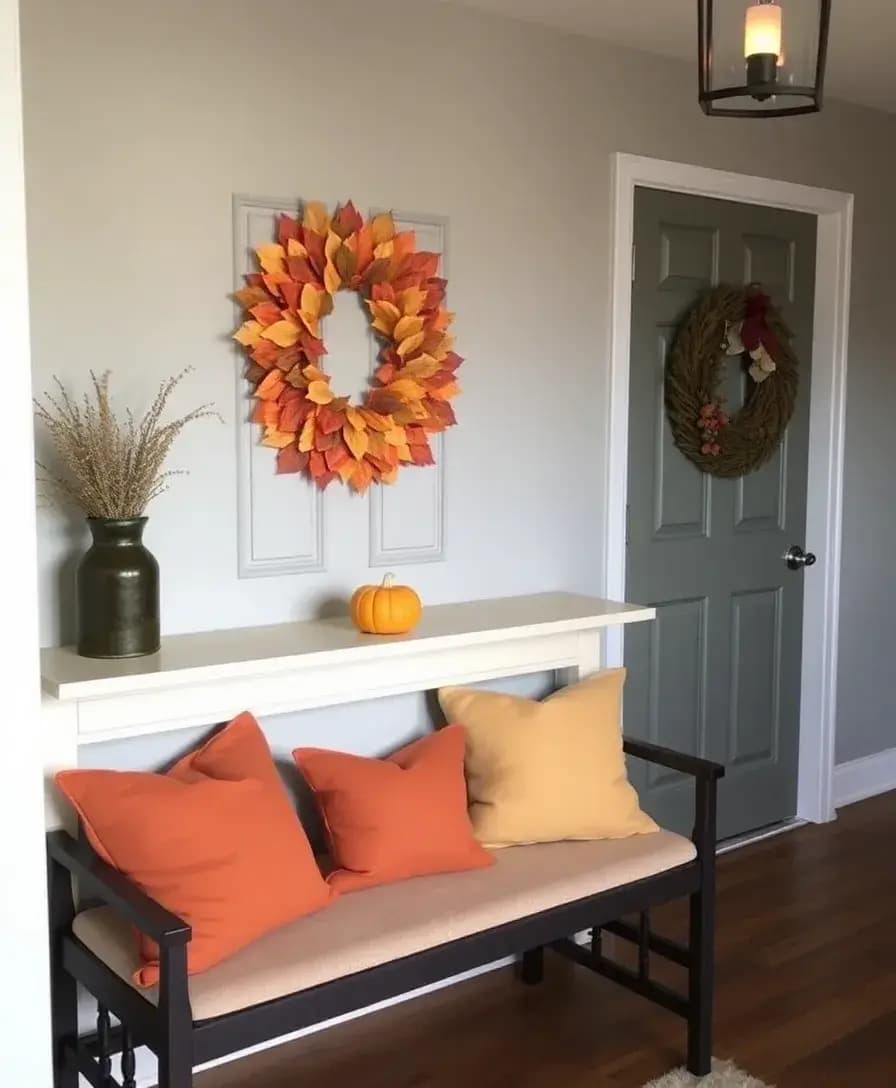 An entryway decorated for autumn, featuring a decorative wreath made of leaves on the front door, a small pumpkin on the console table, and warm-toned cushions on the bench. The ambiance is cozy and inviting, perfect for the fall season.