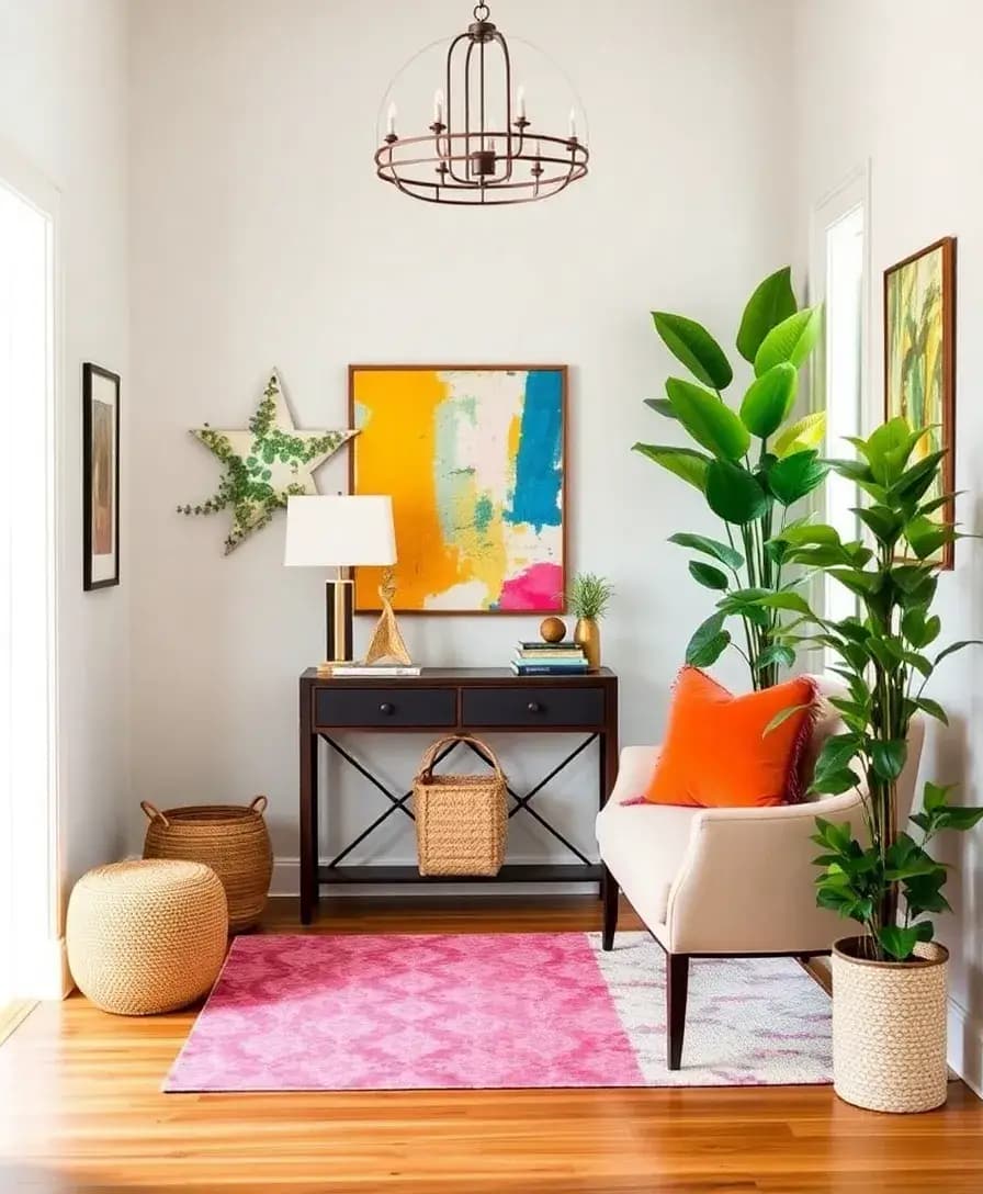 A beautifully decorated entryway showcasing a blend of decor ideas from the article. The scene includes a stylish console table, vibrant artwork, a cozy seating area, and lush greenery, all coming together to create a welcoming and impressive atmosphere.