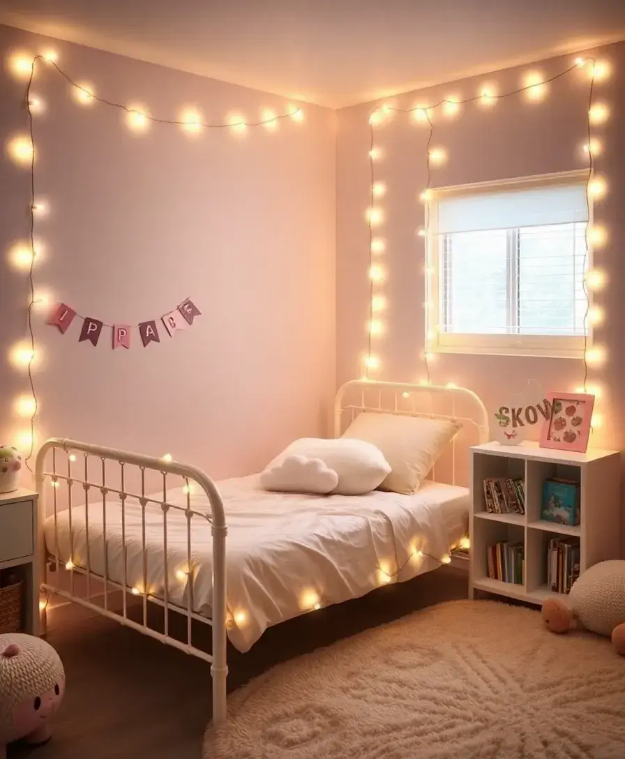 A cozy children's bedroom illuminated by warm white fairy lights strung along the walls and around the bed frame, casting a soft glow. The room features a pastel-colored theme with a fluffy cloud-shaped pillow, a small bookshelf filled with children's books, and a plush rug for a playful touch.