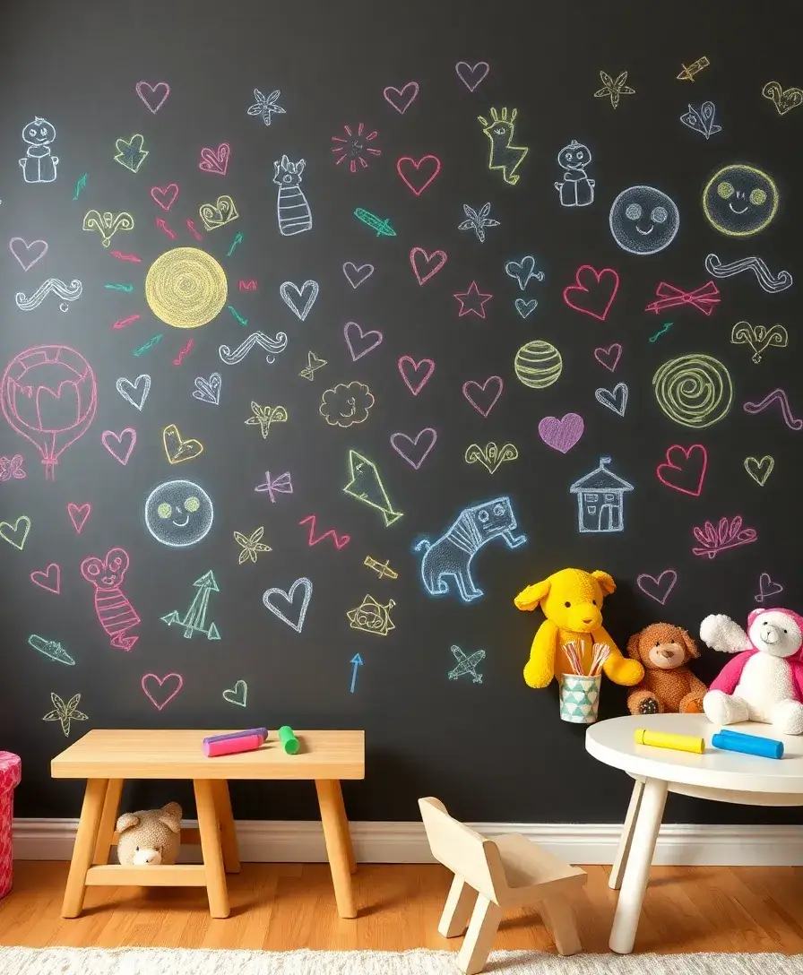A dynamic children's room featuring a wall painted with chalkboard paint, filled with colorful chalk drawings made by a child. Nearby, a small table with colorful chalk and erasers is visible, alongside playful decor elements like stuffed animals.