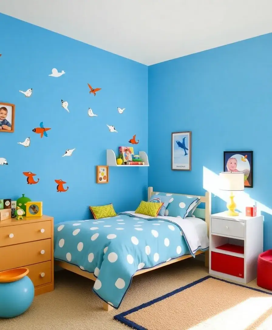A bright and cheerful children's room with a bold accent wall painted in a vibrant shade of blue, adorned with playful wall decals. The room features a cozy bed with matching bedding and colorful accessories, creating a cohesive and fun atmosphere.