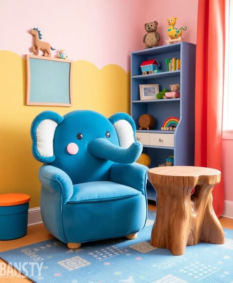 A whimsical children's room featuring a chair shaped like a friendly elephant, paired with a playful table resembling a tree stump. The vibrant colors and unique furniture pieces create an imaginative atmosphere, inviting kids to play and explore.