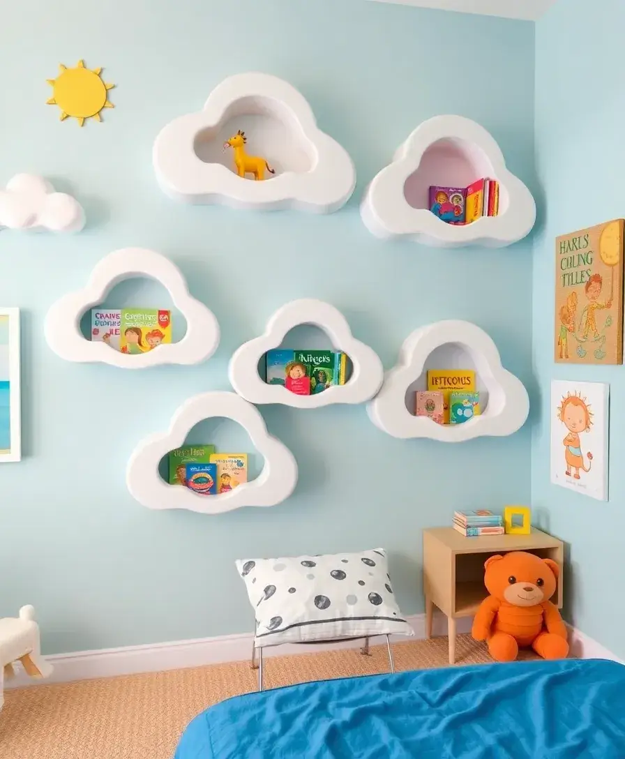 A playful children’s room with creatively shaped wall shelves in the form of clouds, displaying colorful books and toys. The shelves are complemented by whimsical wall art, creating a cohesive and lively decor theme.