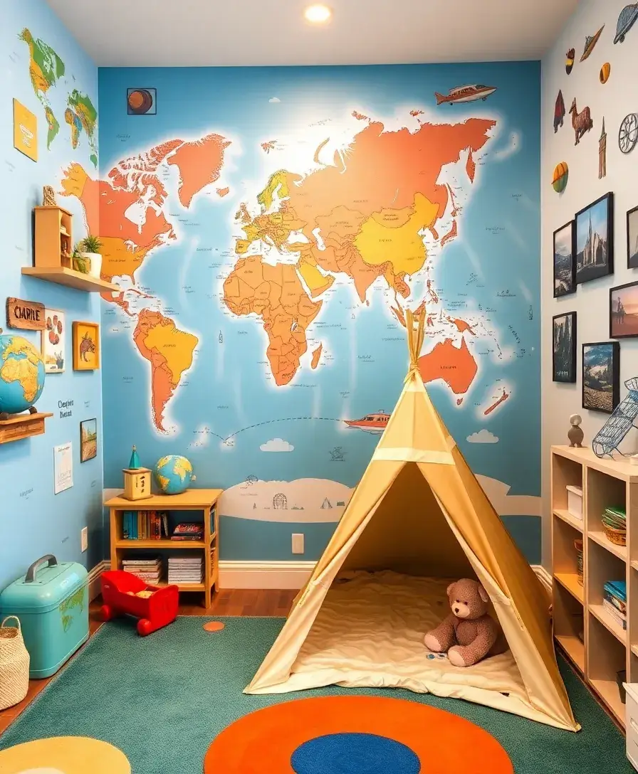 A vibrant kids' room featuring a large world map mural on one wall, surrounded by travel-themed decor like globes and pictures of famous landmarks. A cozy tent set up in the corner invites imaginative play and exploration.