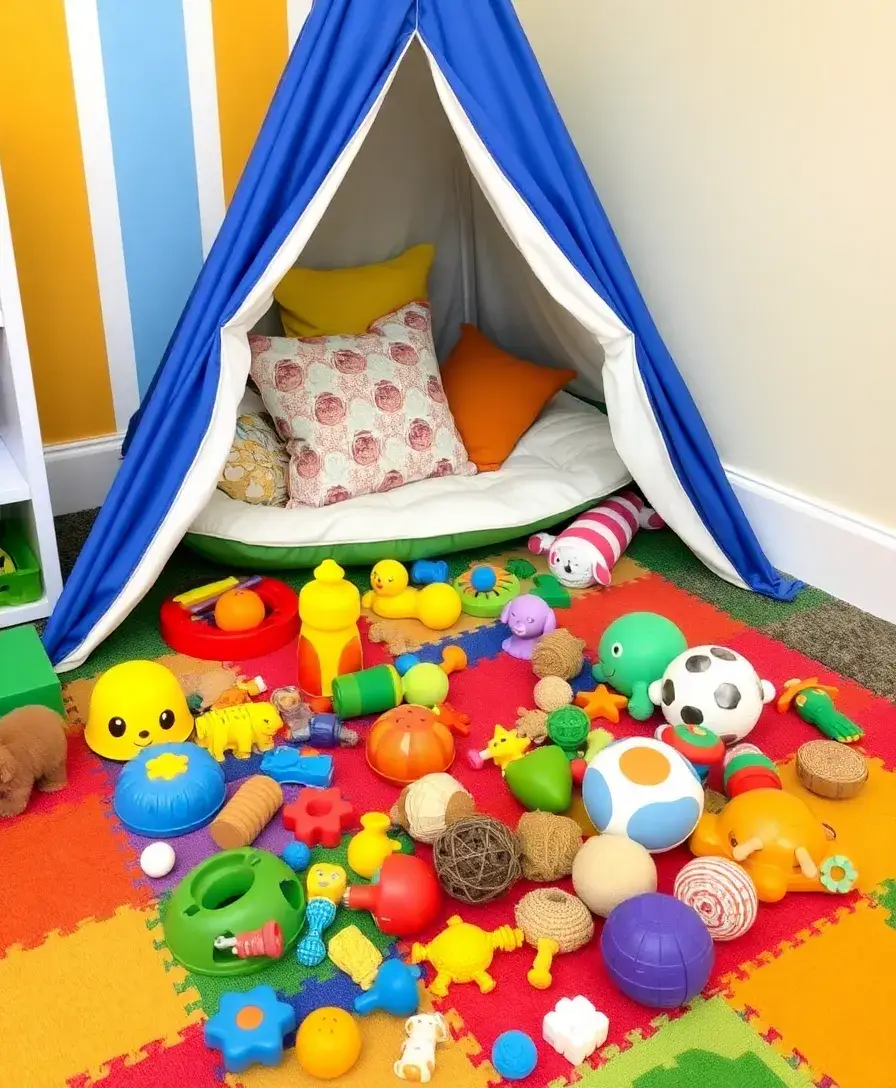 A cheerful sensory play area featuring a colorful mat covered with various sensory toys and textures. Nearby, a small tent filled with soft cushions and tactile toys creates an inviting and engaging space for children to explore and play.