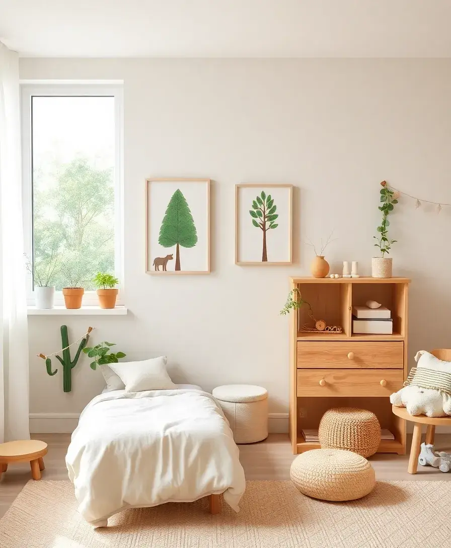 A serene children's room featuring nature-themed decor, including wall art of trees and animals, wooden furniture, and potted plants on the windowsill. Soft, earthy colors create a calming atmosphere, inviting children to connect with nature.
