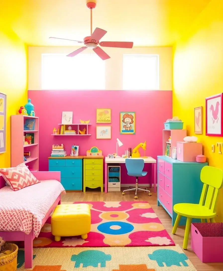A lively kids' room showcasing a bright color palette with walls painted in sunny yellow and vibrant pink accents. The room is filled with colorful furniture, playful decor, and cheerful artwork, creating an energetic and inviting atmosphere.