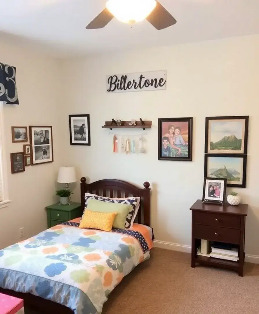 A charming children's room adorned with personalized elements, including a name sign above the bed, framed photos of family adventures, and custom artwork displayed on the walls. The room has a warm and inviting feel, reflecting the child's personality.