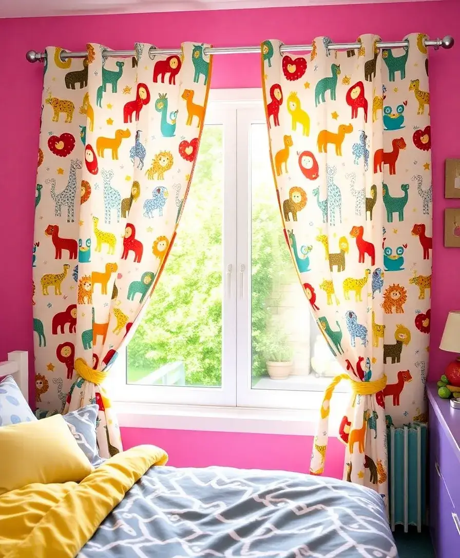 A colorful children's room with playful curtains featuring a fun animal print, framing a sunny window. The curtains complement the bright decor and bedding, adding an extra layer of charm to the lively atmosphere of the room.