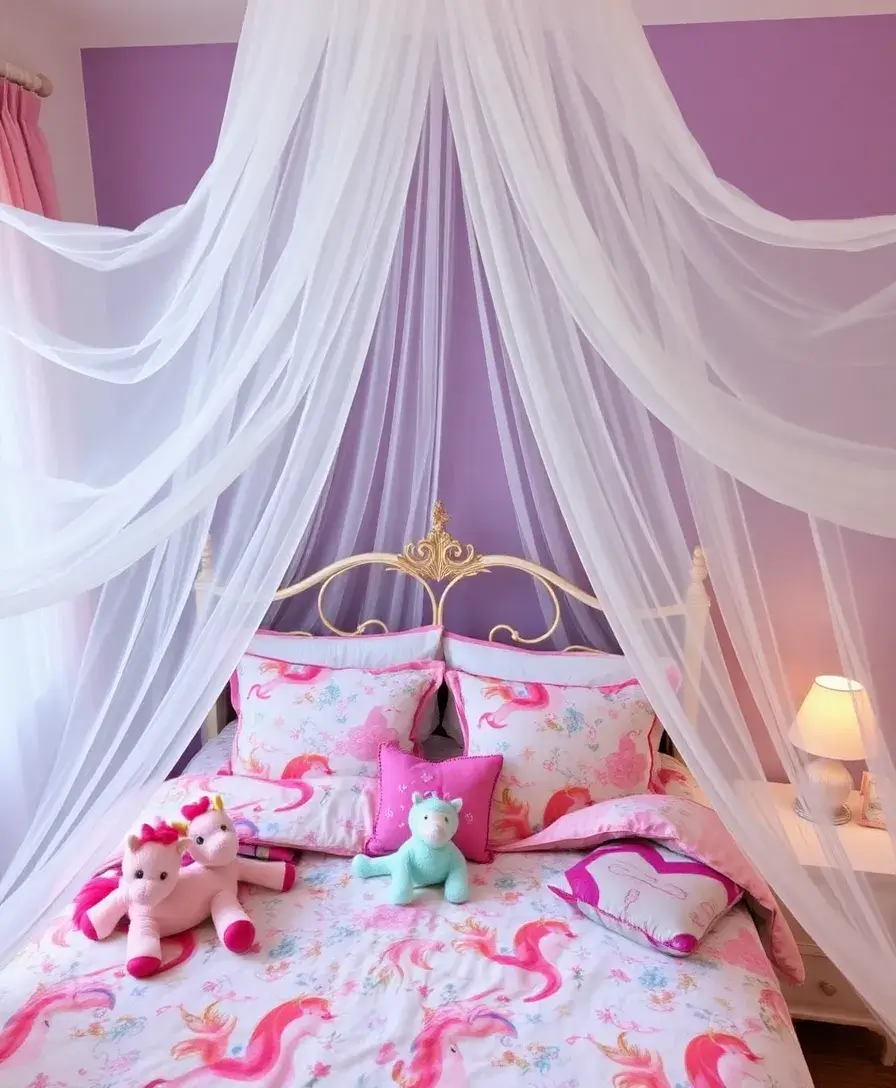 A beautifully decorated bed with a flowing, sheer canopy draped above, creating an enchanting atmosphere. The bed is adorned with colorful bedding featuring unicorns, complemented by plush toys scattered around. Soft pillows and a small nightstand with a playful lamp complete the whimsical look.
