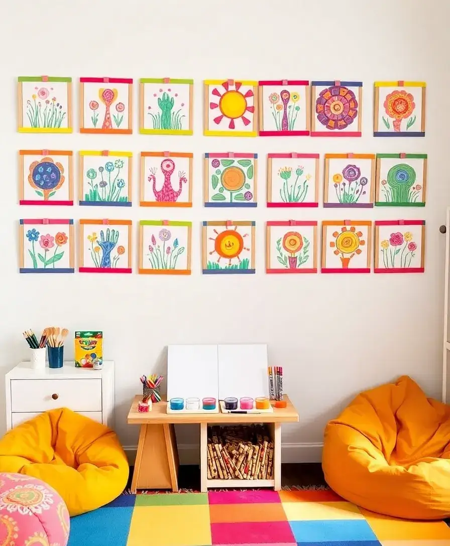 A vibrant children’s room with a gallery wall displaying colorful, hand-painted artworks created by a child. The art is framed with colorful washi tape, and below, an art station is set up with crayons, paints, and canvases. The room features playful decor elements like a colorful rug and bean bags.