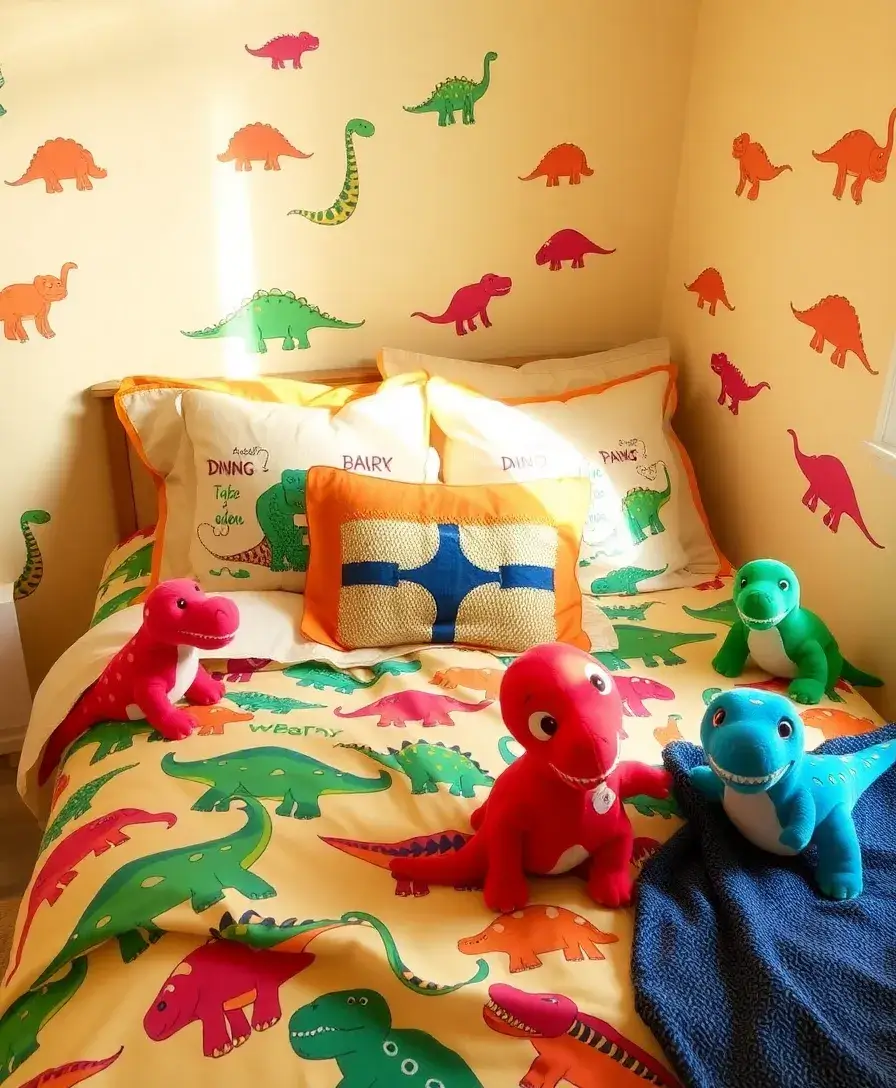 A cozy bed featuring bright, themed bedding with cartoon dinosaurs, surrounded by plush dinosaur toys. Decorative pillows in contrasting colors sit atop the bed, while the walls showcase matching dinosaur wall decals, creating a fun and cohesive theme.