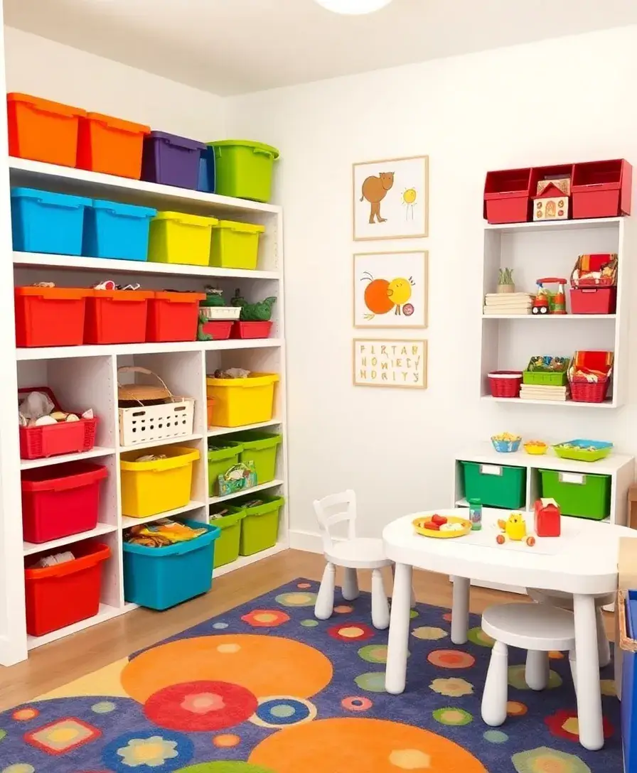 A tidy kids' room featuring vibrant storage bins in various colors stacked on shelves, neatly organized toys, and a playful rug. The room has a bright atmosphere with cheerful wall art and a small table where a child can play or work on crafts.