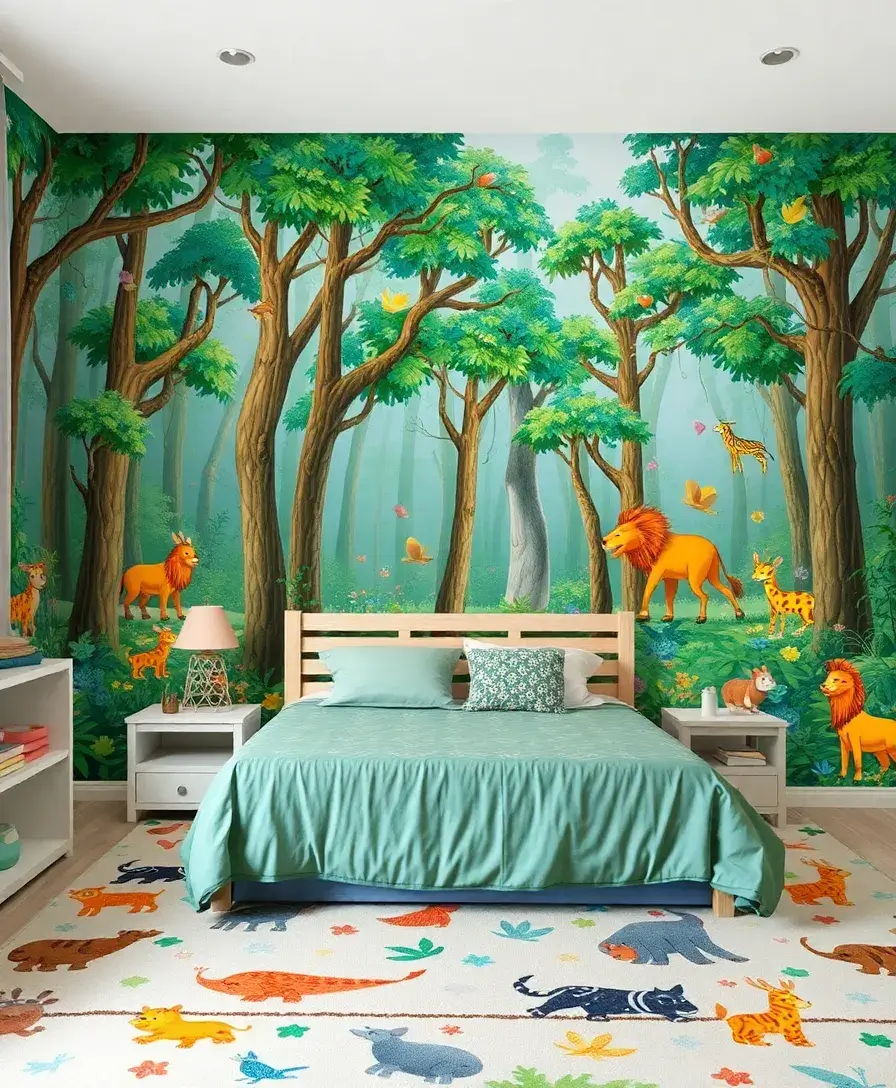 A captivating children's room with a stunning wall mural of a lush forest filled with colorful animals and trees, enhancing the room's theme. The bed is positioned against the mural, and the floor is adorned with a playful nature-themed rug, creating a harmonious environment.
