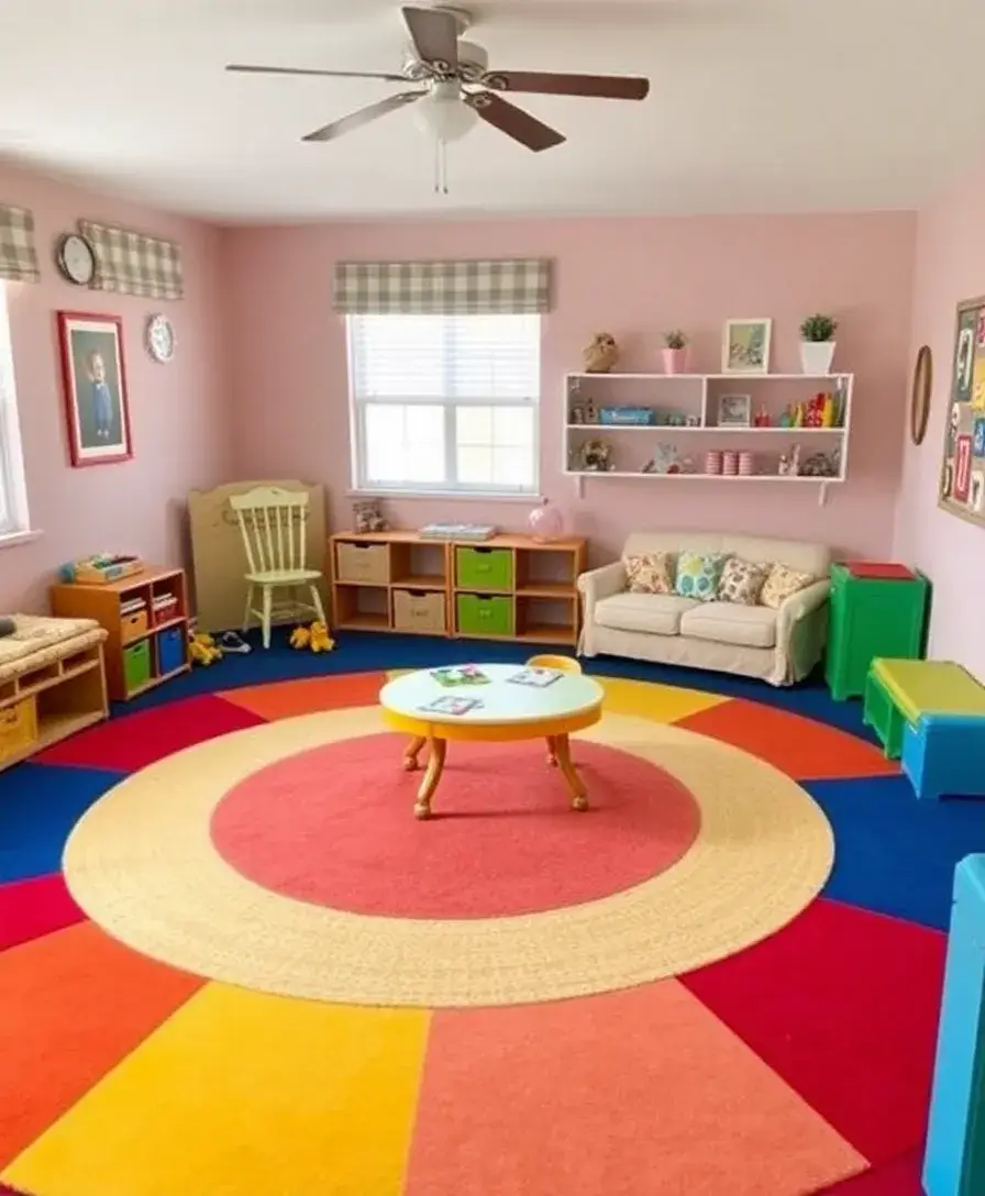 A vibrant play area featuring a large, circular rug in bright colors, surrounded by toys and a small table set up for crafts. The room has a cheerful vibe with matching decor elements and a comfortable seating area for kids.