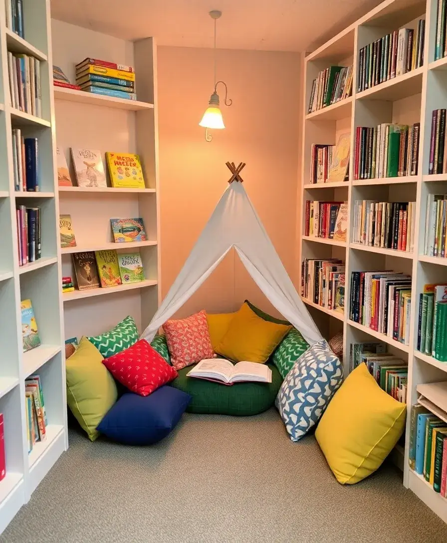 A cozy reading nook with colorful cushions and a small tent set up in the corner of the room, surrounded by shelves filled with children’s books. Soft, warm lighting from a whimsical lamp creates an inviting atmosphere for reading.