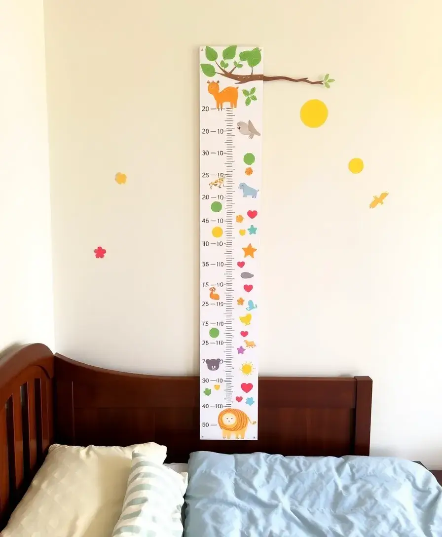 A beautifully designed growth chart featuring colorful illustrations of animals and trees, hanging on a wall next to a child's bed. The chart is marked with playful stickers indicating different heights, surrounded by other cheerful decorations.