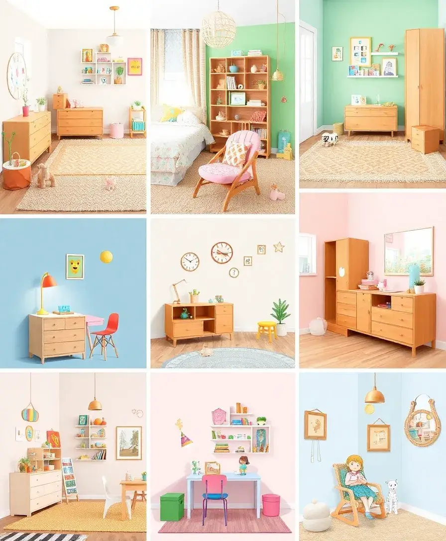 A collage of various kids' room decor ideas including vibrant accents, playful furniture, and personalized decorations, showcasing a colorful and imaginative atmosphere. The image captures the essence of joy and creativity in children's spaces.